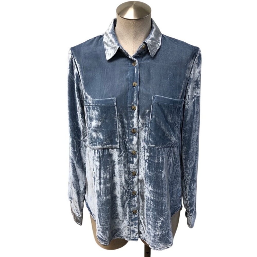 Pilcro‎ Button Down Shirt Women XS Light Blue Crushed Velvet Long Sleeve Boho